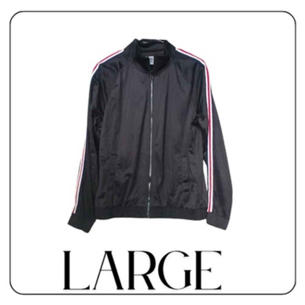 Athletic Works Track Jacket Womens Large 12-14 Black Full Zip Striped Sleeves